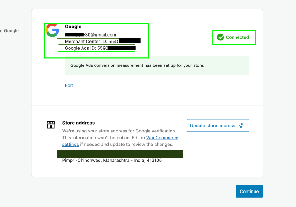 Google section showing email, Merchant Center ID, Ads ID, and connection status indicators.